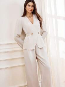 Miaspire Women's Elegant 2 Pieces Set, Includes Cinched Waist Cardigan Top And Straight Leg Pants, Apricot Color Fabric, Professional Commuter Outfit, Autumn/Winter,Women's Winter Set White Suits For Woman Two Piece Set Women Elegant S For Wedding Formal Two Piece Set,Chic Women's Set, Fall Clothes For Women,White Set New Year