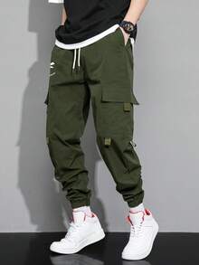 Claim Dot Loose Men's Letter & Smiling Face Pattern Cargo Pocket Casual Pants, For Fall - Army Green - View 4