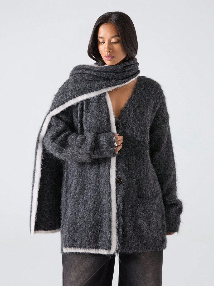 LYSMO 2025新款简约女士休闲落肩宽松开衫毛衣，秋冬季百搭简约设计/女士冬季/万圣节/外出/圣诞夜惊魂/万圣节服装/圣诞节 - 深灰色 - 查看 1