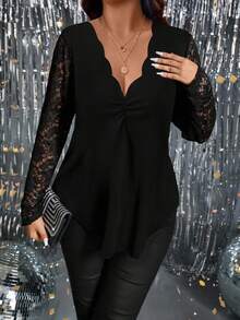 SHEIN PETITE Camiseta de manga larga casual y versátil con parches de encaje para mujeres de talla pequeña - Negro - Ver 5