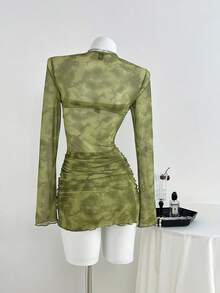 Elamini Bộ đồ hai mảnh váy ôm sát thêu hoa 3D đơn giản dành cho nữ + áo khoác ngoài, mùa thu - màu xanh lá - Xem 2