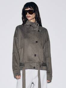 Lumivelle 女士秋冬休闲宽松下摆抽绳腰部仿麂皮连帽短款风衣 - 灰色 - 查看 7