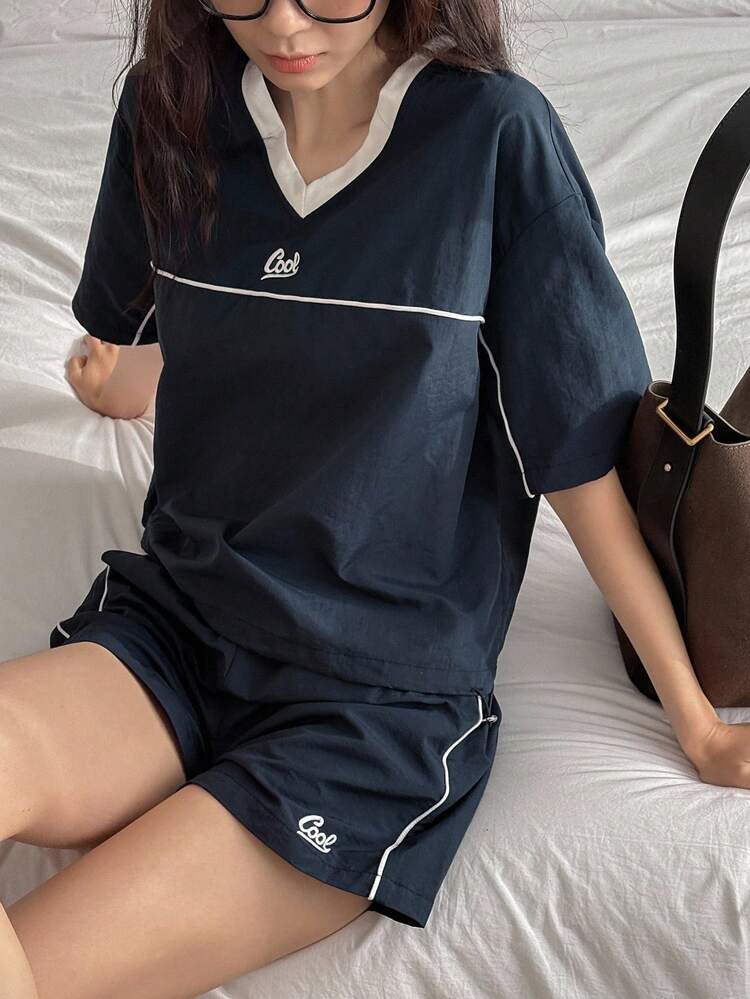 2pcs Women Color Block V-Neck Loose Casual Set,Short Women Sets