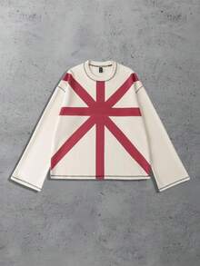 ROMWE MEN Street Life Men's Union Jack Print Loose Fit Crew Neck Long Sleeve T-Shirt, Fall - Apricot - View 1