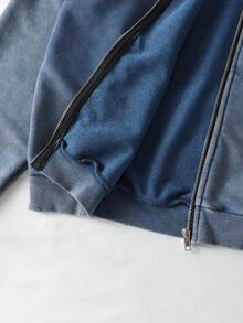 ROMWE MEN Grunge Punk 男士秋季拉链连帽运动衫，带口袋，休闲 - 藍色 - 查看 5