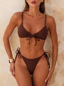 SHEIN Swim 夏季海滩纯色比基尼套装抽绳前结无线胸罩上衣和系带侧比基尼下装 2 件比基尼泳装 - 咖啡棕 - 查看 5