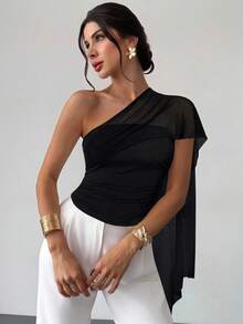 Firerie Women's Elegant Casual Vacation Daily Fashion Versatile White Asymmetric Neck Mesh Patchwork Asymmetrical Tie Fitted Blouse, Summer,Black Tops - Black - View 4