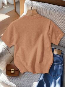 GlowEve Áo len tay ngắn họa tiết nơ đơn giản dễ thương dành cho nữ, mùa thu - Màu vàng - Xem 2