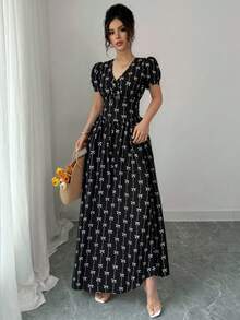 Elenzga Đầm dài tay bồng eo co giãn thanh lịch dành cho nữ mùa hè, đầm maxi. Dành cho mùa xuân/hè, trang phục dự tiệc cho nữ, trang phục thanh lịch, phù hợp để đi làm hàng ngày, lễ hội âm nhạc, trang phục ngày lễ - màu đen - Xem 5