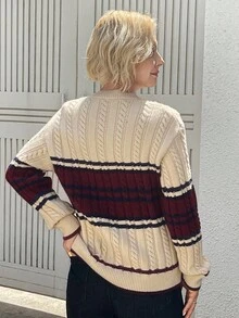 Vivie Lora Suéter Ajustado de Tricô Casual com Decote em V e Contraste de Cores