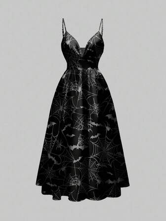 Goth Vestido de tirantes finos y escote bajo con estampado de telaraña y murciélago de estilo romántico gótico y bosque para Halloween, para mujeres