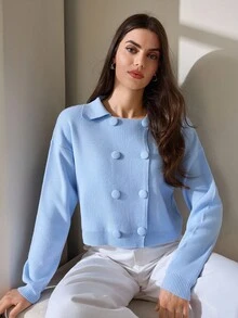 CLARA VERO Modern Frost Double-Breasted Knit Cardigan In Baby Blue With Retro Collar And Ribbed Hems,Cardigans,Long Cardigans Woman,Petite,Tall - Baby Blue - View 1