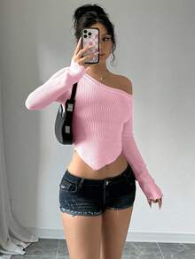 Flirla Áo len nữ dài tay dáng ôm, cổ lệch, trơn, thích hợp mùa thu đông, áo dài tay, áo len chui đầu mùa thu. - Màu Hồng baby - Xem 4
