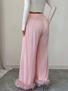 Selianne Women's Elegant Elastic Waist Patchwork Wide Leg Pants - Pink - View 2