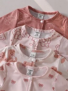 4件套新生儿熊图案卡其色长袖连脚连体衣 - 彩色 - 查看 3