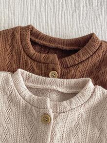 SHEIN 2pcs Baby Boy Knitted Jacquard Romper With Embroidered Knight On Front, Long Sleeve Casual Jumpsuit Outfit, Autumn/Winter Brown Baby Clothes Baby Outfits Unisex For Fall Brown Toddler Romper Baby Knit Jumpsuit Neutral Baby Clothes Unisex