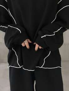 FRIFUL 女式宽松落肩撞色饰边 T 恤，休闲百搭，秋冬长袖上衣 - 黑色 - 查看 1