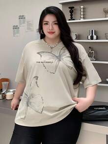 Dazy Plus Butterfly Print Pattern Loose Fit Round Neck Short Sleeve T-Shirt, Spring/Summer - Apricot - View 7