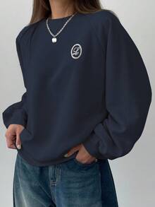 DAZY 图案刺绣宽松圆领长袖女式运动衫，秋季女装 - 藏蓝色 - 查看 4