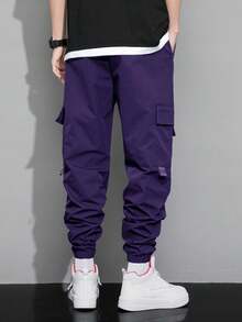 Claim Dot Men Cartoon Printed Drawstring Waist Flap Pocket Loose Jogger Cargo Pants, Fall - Purple - View 2