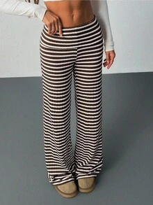 SHEIN Tall Women's Folded Waist Sports Casual Pants Striped Flared Pants Brown Striped Pants Knit Pants Pattern Pants Wide Leg Pants Ribbed Pants Striped Palazzo Pants Wide Leg Striped Pants Palazzo Pants Women,Fall - Coffee Brown - View 5