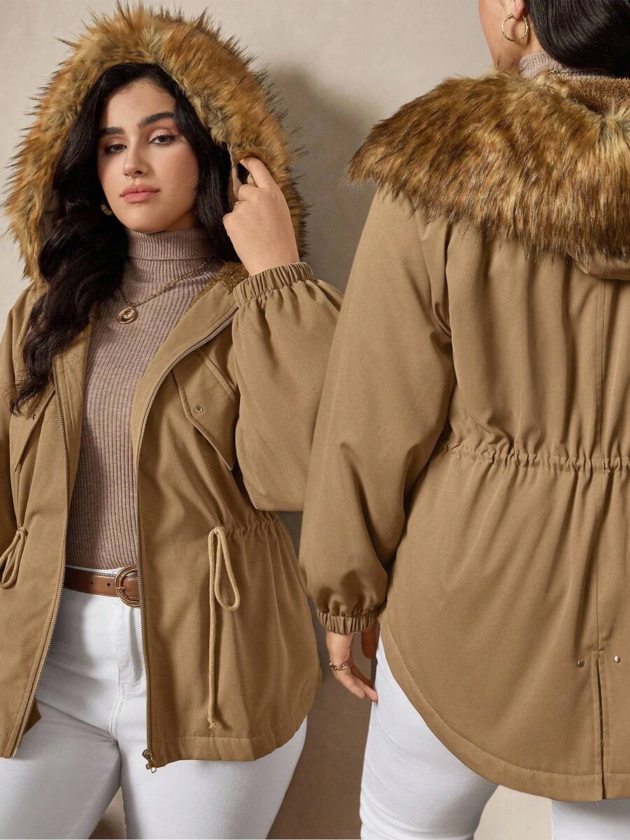 Zelara Herbst Große Größen Damen Einfarbige Raglanärmel Tunnelzug Taille Flauschige Kapuzenjacke, Fliegerjacke, Thermofutter, warm und bequem, Rückenschlitz Design Halloween Kostüme Teddy Jacke Damen Schicke Bomberjacke