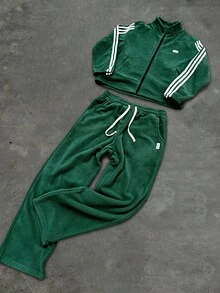 Aesthetic Post 男士时尚侧条纹羊毛夹克和裤子套装，秋冬服装 - 墨綠色 - 查看 1