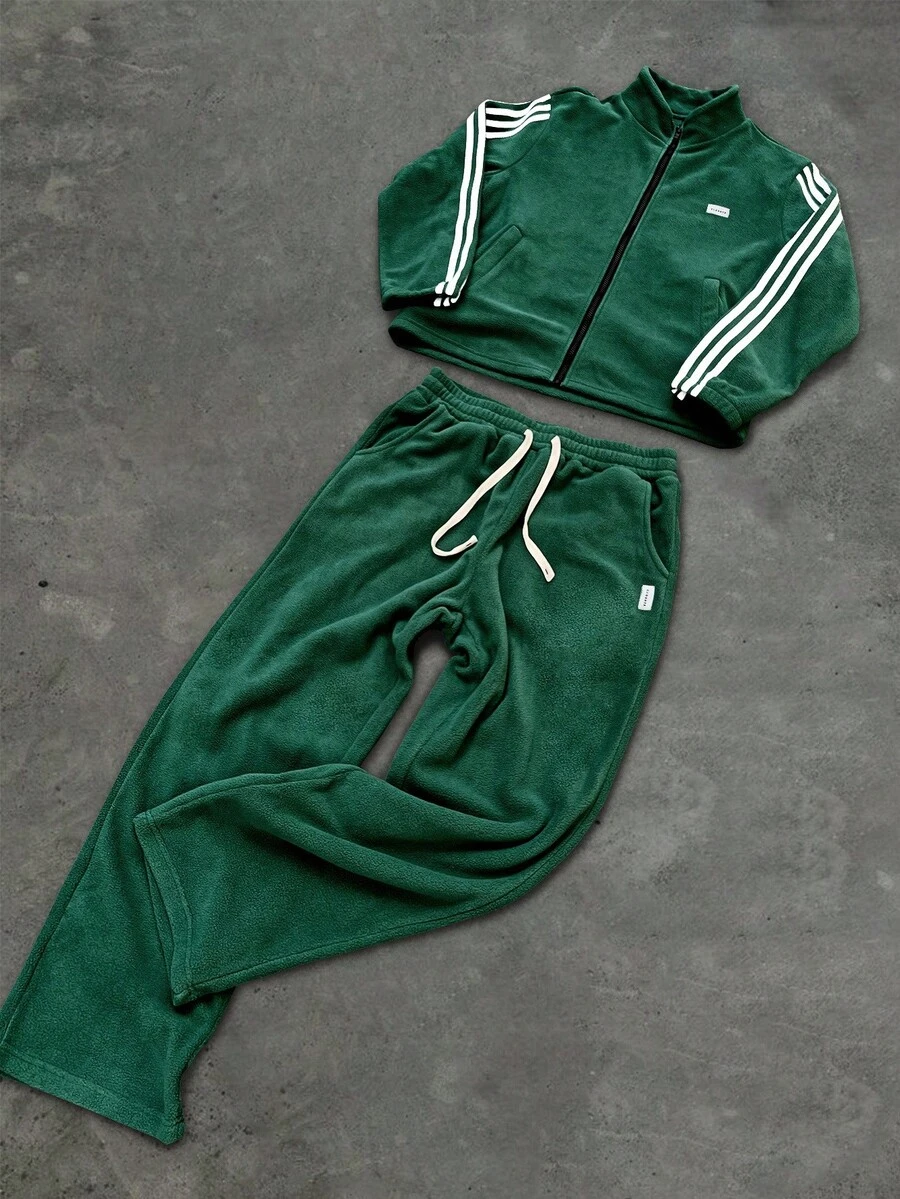 Aesthetic Post 男士时尚侧条纹羊毛夹克和裤子套装，秋冬服装 - 墨綠色 - 查看 1