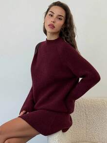 Aloruh Soft Ribbed Knit Two Pieces Set, Mock Neck Long Sleeve Sweater & Mini Skirt Casual Spring Outfits For Women - Burgundy - View 8