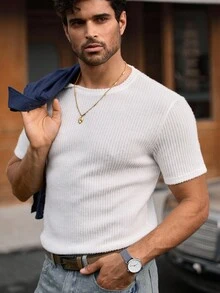 Manfinity NXTstreet 男士休闲罗纹圆领短袖 T 恤，适合日常穿着 - 白色 - 查看 6