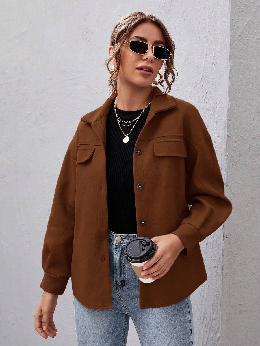 SHEIN Essnce 女式纯色落肩长袖单排扣休闲大衣，秋冬 - 棕色 - 查看 1