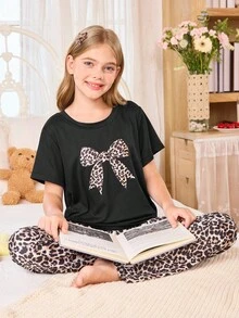 SHEIN 时尚豹纹蝴蝶结装饰休闲睡衣套装，适合少女 - 彩色 - 查看 1