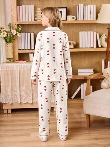 SHEIN 女孩心形泡泡印花开衫衬衫套装，杏色 - 杏色 - 查看 2