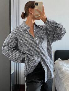 Livesso Plaid Loose Long Sleeve Turn-Down Collar Women's Shirt,Long Sleeve Tops,Fall Clothes,Flannels Women - Blue - View 4