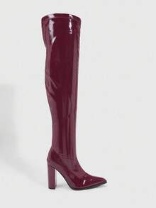 CUCCOO SZL 性感时尚勃艮第尖头粗高跟弹力舒适柔软修身过膝长靴，百搭侧拉链女靴，圣诞红过膝长靴 - 酒紅色 - 查看 4