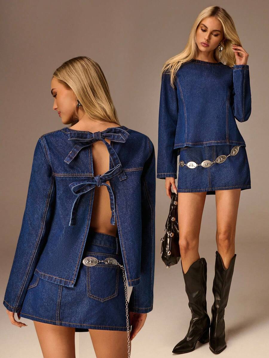 Avantive Women's Navy Blue Autumn Western Denim Top,Elegant Sleeveless A Line Backless Bow Fashion Night Out Party Cocktail Streetwear Y2k Casual Clubwear - Dark Wash - View 1
