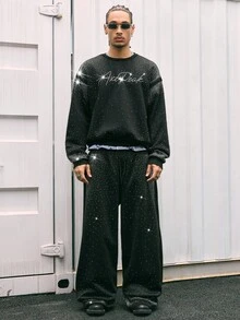 AXEPEAK Men's Fashion Rhinestone Embellished Sweatshirt And Sweatpants Clothes Set, For Fall Winter - Black - View 3