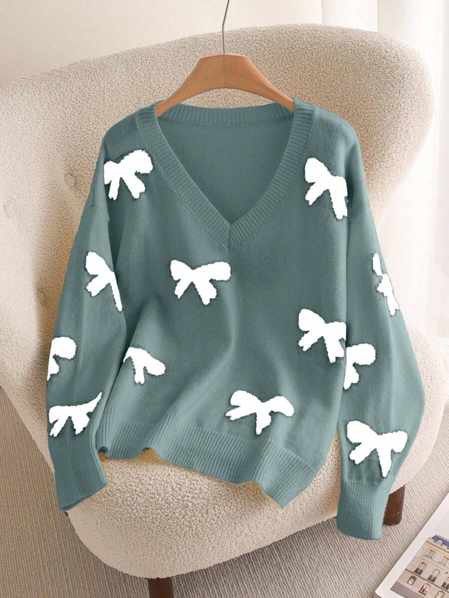 CosyJoli 大码拼色蝴蝶结装饰V领长袖毛衣 - 薄荷綠 - 查看 1