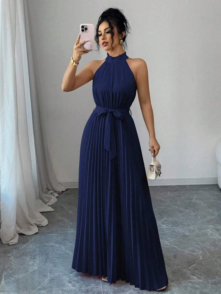 Elenzga 情人节女士荷叶边 V 领褶皱修身喇叭形优雅浪漫连衣裙 - 藏蓝色 - 查看 1