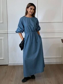 DAZY Women's Round Neck Cinched Waist Casual Denim Dress - Blue - View 5