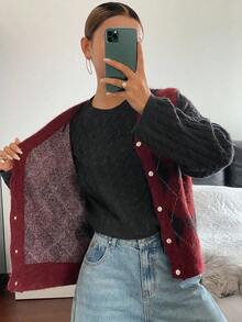 Livesso Chaleco de punto informal con botones metálicos y diseño de cuadros de colores para mujer, adecuado para otoño/invierno, oficina y uso diario - Rojo - Ver 6