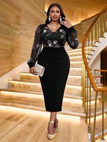 Fleurora Váy họa tiết hoa màu đen cỡ lớn cổ chữ V dệt kim nối vải lưới thêu họa tiết eo hông ôm vừa vặn mùa xuân, mùa hè, mùa thu và mùa đông - màu đen - Xem 3