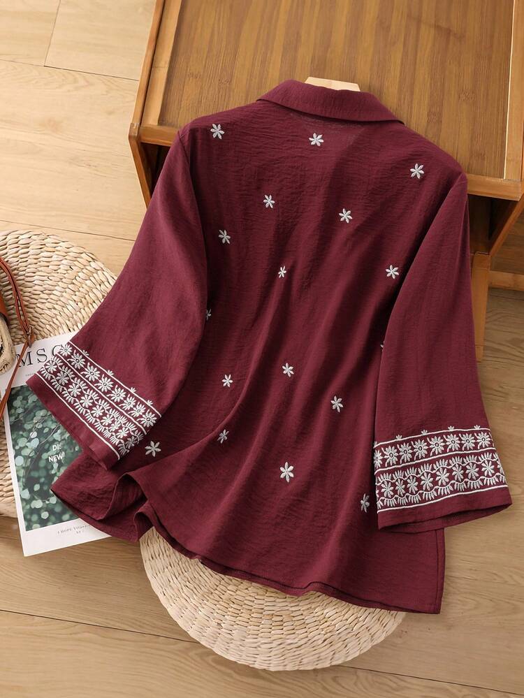 Women's Floral Embroidered Long Sleeve Single-Breasted Casual Loose Shirt Halloween For Women New Year Thanksgiving For Women