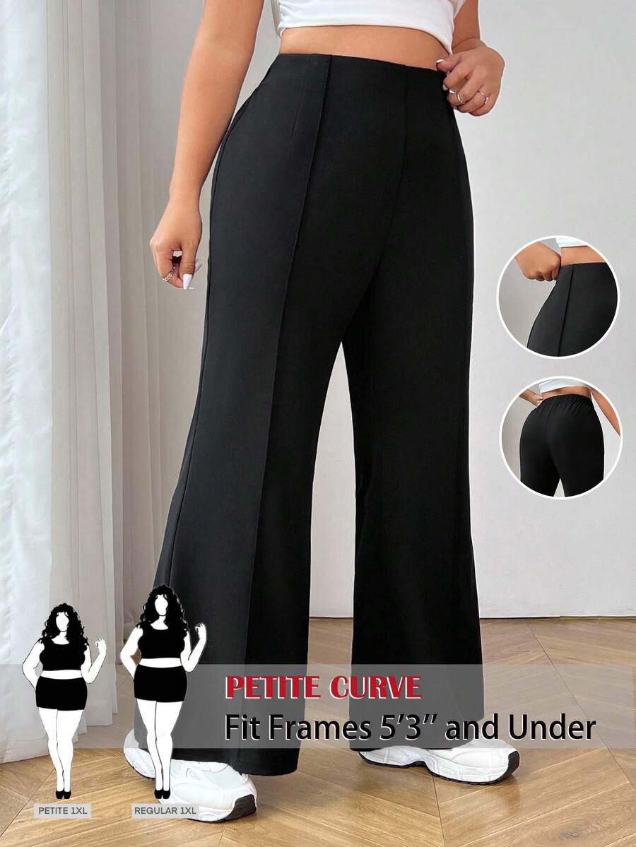 SHEIN PETITE CURVE 大码时尚百搭纯色喇叭裤,适合秋冬、春季、婚礼及活动、毕业典礼、休闲、女士正装、黑色裤子、日常穿着、通勤、毕业典礼、学习、教师、会议、办公室等场合。 - 黑色 - 查看 1