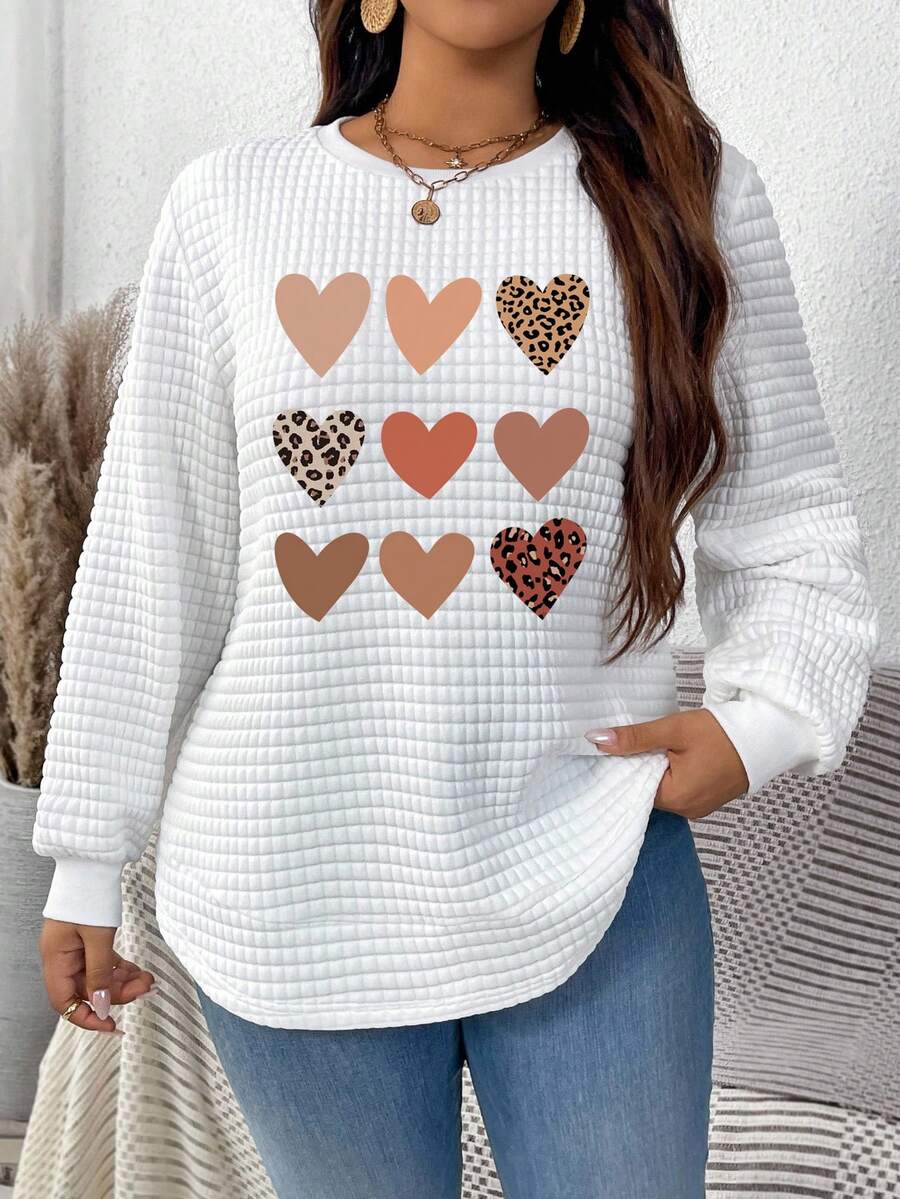 EMERY ROSE Tic-Tac-Toe Heart & Leopard Print Casual Minimalist Plus Size Waffle Sweatshirt In Fall/Winter