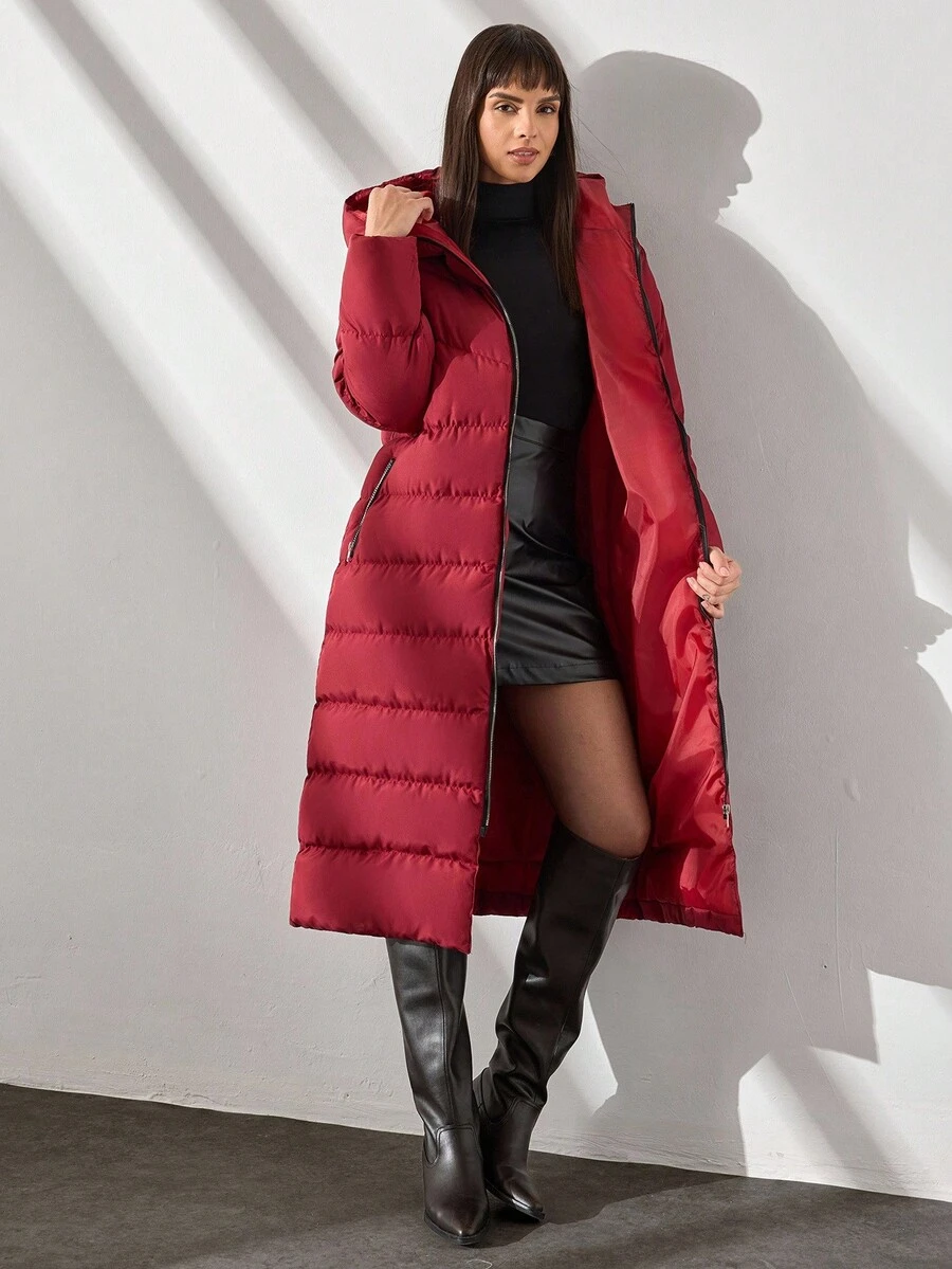 CLARA VERO Abrigo de mujer, largo, burdeos, manga larga, con cinturón - Burdeos - Ver 1