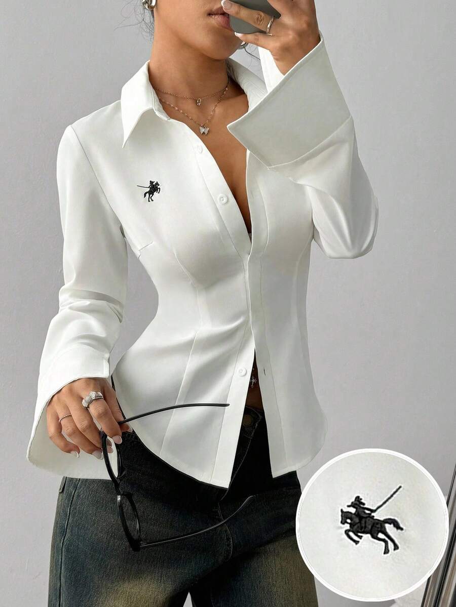 TRNVIE 女士刺绣修身纽扣长袖休闲衬衫 - 白色 - 查看 1