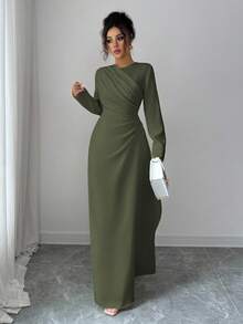 Elenzga 女士优雅正式办公室通勤休闲度假派对复古教师秋季中东风格纯色圆领腰部褶皱 A 字长袖超长连衣裙，浅黄色 - 軍綠色 - 查看 4