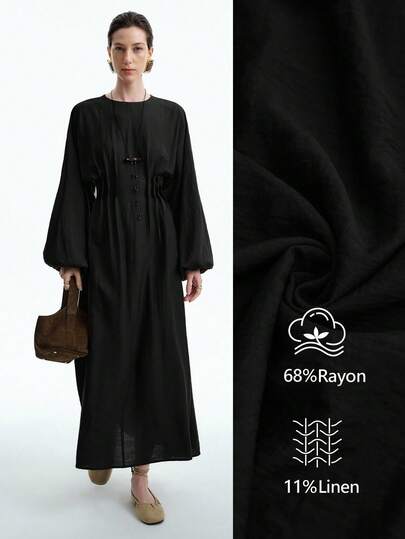 Lyxana 女士优雅复古纯色圆领腰部褶皱后背松紧腰长袖长裙，适合办公室、通勤、休闲、度假、下午茶、派对