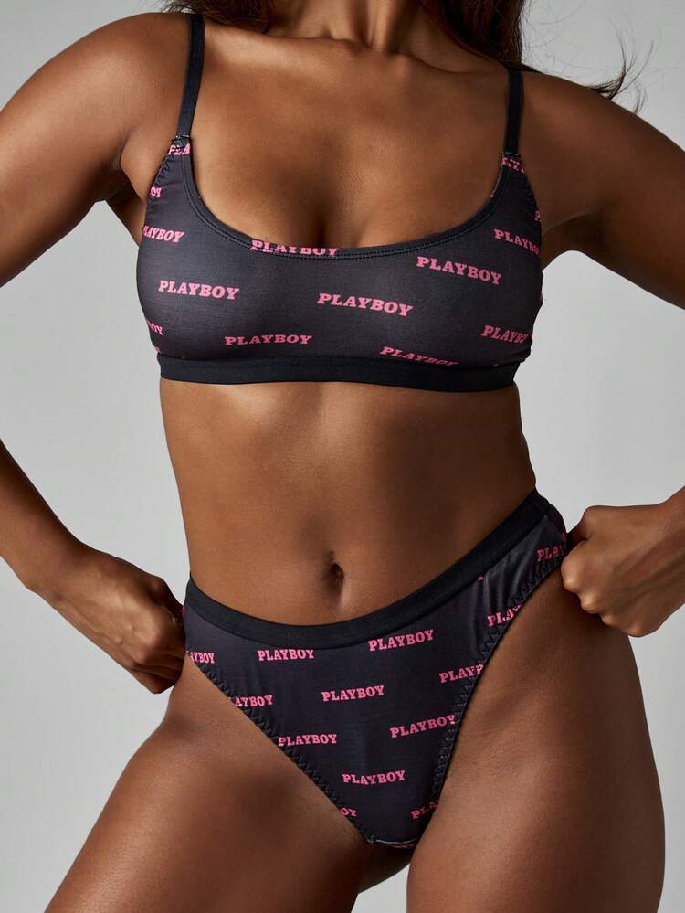 Missguided x Playboy Stylish Bralette Underwear Set With All Over Print Design High Cut Panties Elastic Band Soft Stretch Fabric No Wire Comfort Lounge Lingerie Casual Everyday Basic
